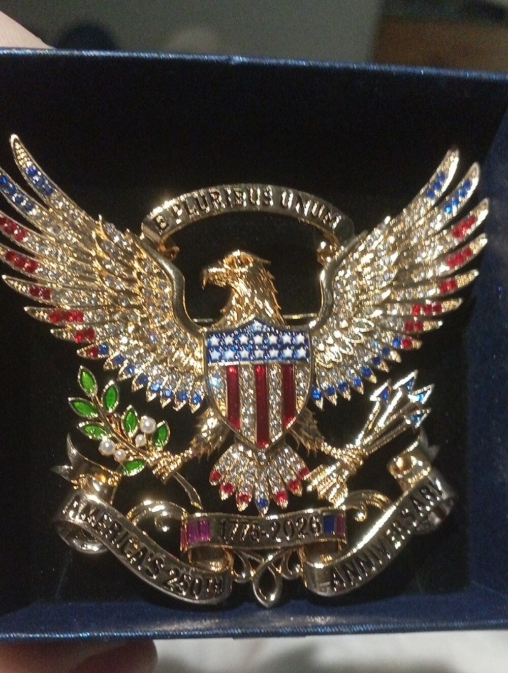 Golden Eagle Shield Brooch with Red, White & Blue Enamel and Crystals